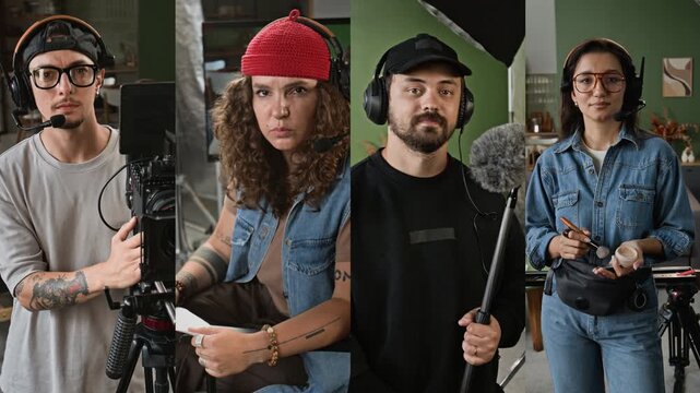 Split screen portrait of young adult Caucasian film production crew looking into camera. Ideal for creative agency promotion and media industry content