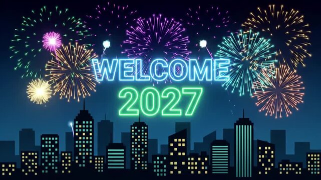 year fireworks city skyline motion graphic background celebration loop animation
