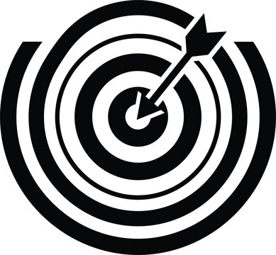 Abstract concentric striped round target crest logo emblem showing a precise pointer spear hitting the innermost central spot