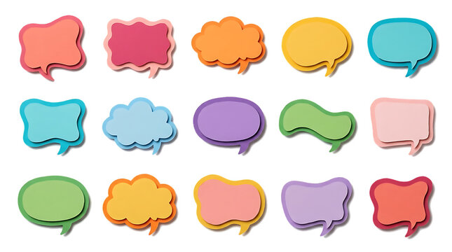 Colorful Paper Cut Speech Bubbles Set with Multicolored Cartoon Chat Clouds Isolated on White Background