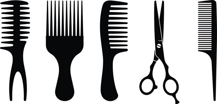 Professional barber tool collection vector icon set containing variety of hair combs afro pick and steel cutting scissors