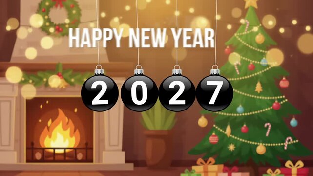 2027 year baubles fireplace animation with christmas tree motion graphic background loop

