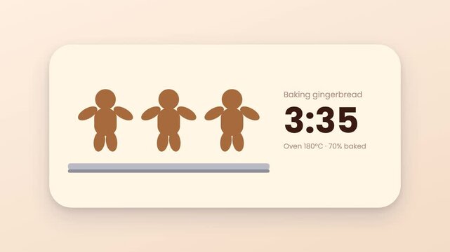 animated digital interface showing gingerbread baking progress timer with oven temperature and countdown clock