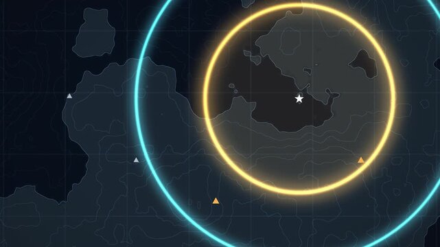 Earthquake star pulsing on a dark coastline contour map as seismic rings expand over station markers