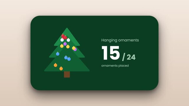 animated digital user interface showing christmas tree ornament placement progress on a green card