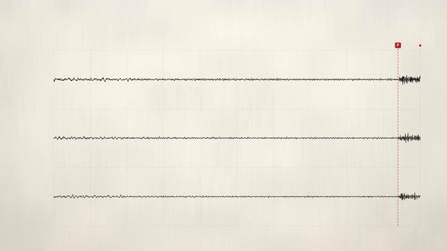 Paper seismogram with black ink earthquake waveforms and red P and S markers, seamless loop
