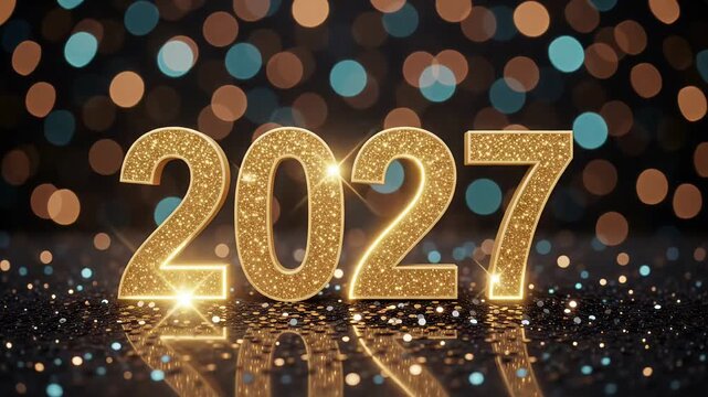 2027 gold glitter text animation with bokeh background motion graphic seamless loop
