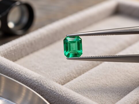 Close-up of faceted emerald gemstone held by precision tweezers over a velvet jewelry tray, with a loupe in the background, showcasing fine detail and clarity for appraisal or collection purposes