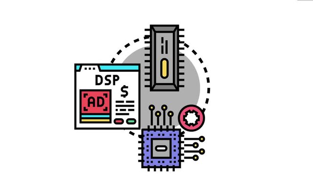 Digital signal processing components connecting and interacting, with a chip, advertising interface, and data flow symbolizing modern technology and analytics