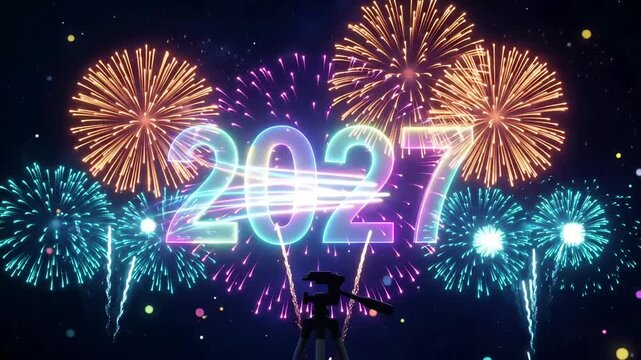 2027 year text fireworks explosion motion graphic background seamless loop animation
