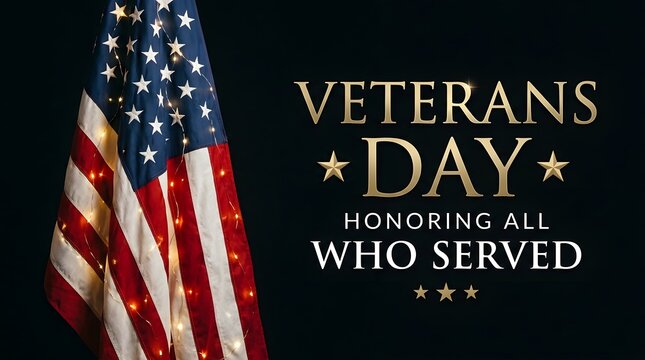 Veterans Day text with American flag and glowing lights on dark black background