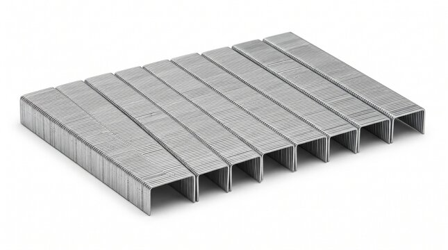 Shiny metal staple strips arranged neatly in rows capturing sharp office supplies on white background