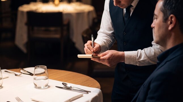 Restaurant waiter writing customer order, Professional server using order pad, Dining table food service interaction, Hospitality workplace lifestyle 