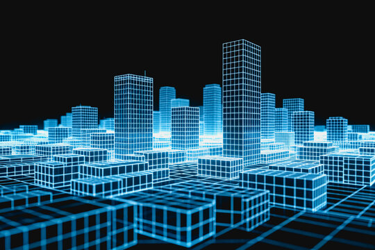 A futuristic digital wireframe city model with glowing blue grid structures, representing virtual urban design and technology.