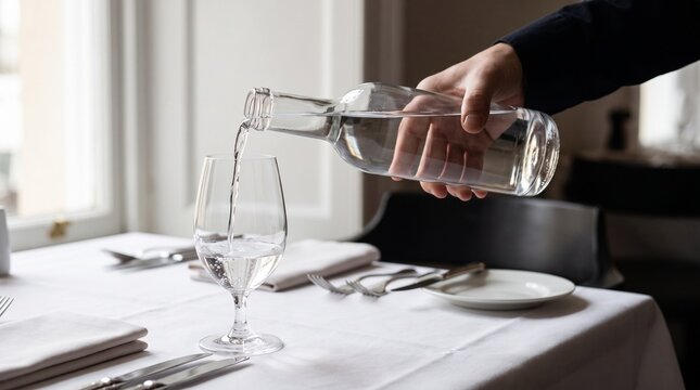 Restaurant waiter pouring water at table, Professional dining service close up, Hospitality server attending guest glass, Elegant restaurant detail 