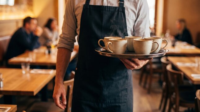 Restaurant waiter carrying coffee tray, Professional beverage service in dining room, Hospitality server delivering hot drinks, Restaurant lifestyle 