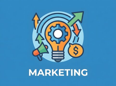 Marketing icon with growth arrows lightbulb and megaphone on blue background