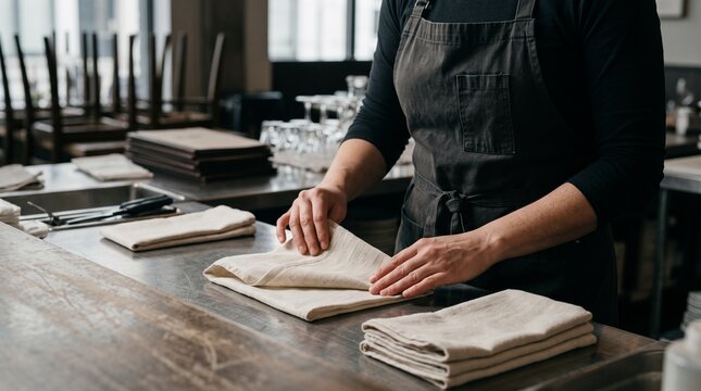 Restaurant waitress folding cloth napkin, Professional table preparation before service, Hospitality staff setting dining room, Restaurant workplace detail 