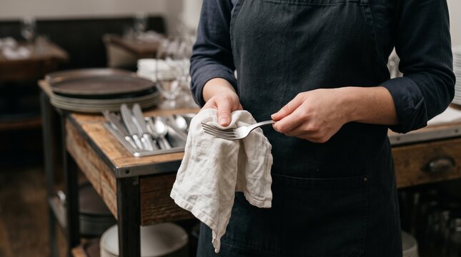 Restaurant waitress polishing clean cutlery, Professional dinner service preparation, Hospitality staff caring for tableware, Restaurant workplace close up 