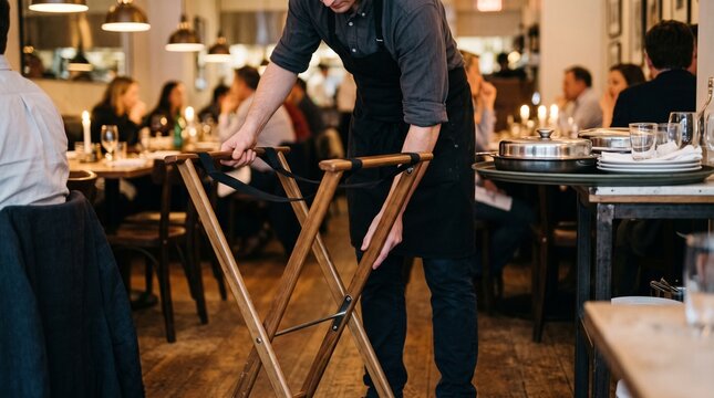 Restaurant waiter opening tray stand, Professional table service equipment setup, Hospitality server preparing meal delivery, Restaurant workplace 