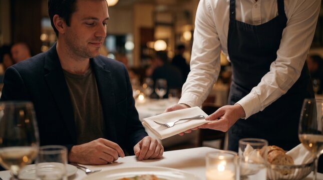 Restaurant waiter replacing diner cutlery, Professional service recovery at table, Hospitality guest care during meal, Restaurant customer service 
