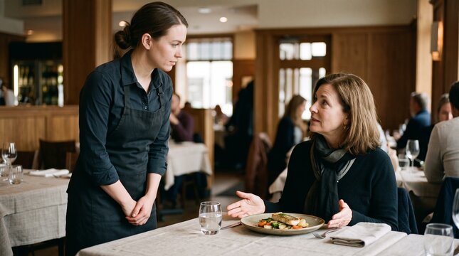 Restaurant waitress listening to diner concern, Professional hospitality service recovery, Customer care during restaurant meal, Dining experience lifestyle 