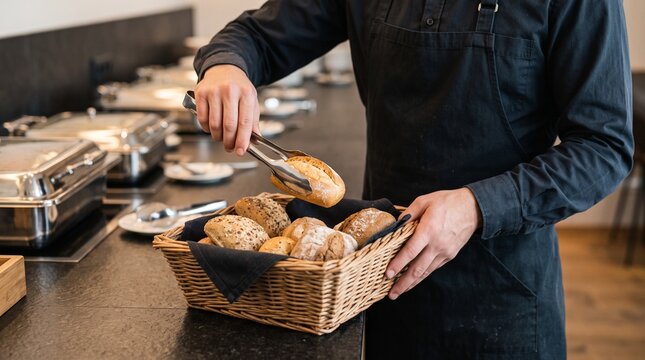 Restaurant waiter replenishing bread buffet, Professional hospitality food service preparation, Server using tongs at buffet counter, Restaurant workplace 