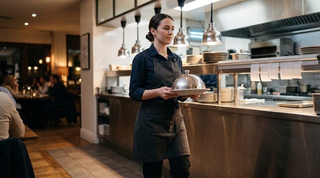 Restaurant waitress carrying covered dish, Professional server leaving kitchen pass, Hospitality meal delivery to dining room, Restaurant workplace 