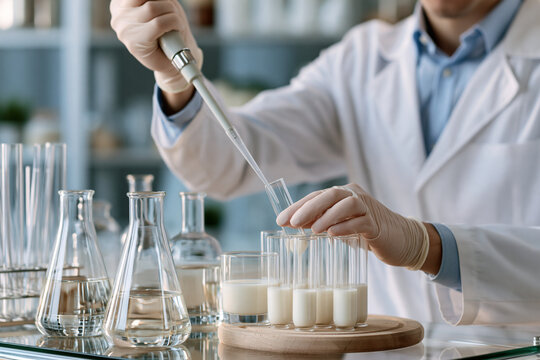 Research scientist pipetting fermented milk samples into microtubes showcasing dairy microbiome analysis and laboratory food science