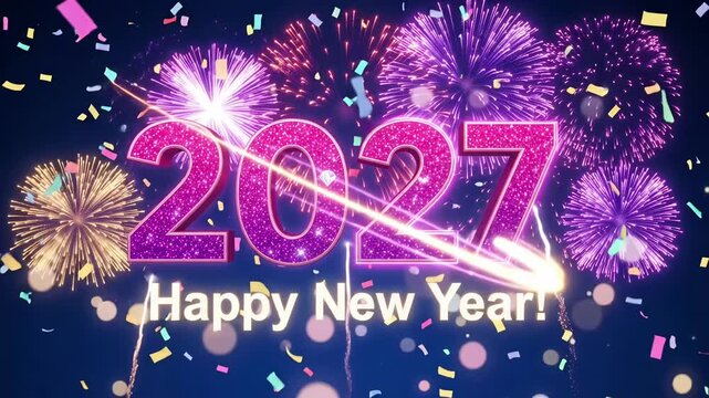 2027 year fireworks celebration pink glitter text animation loop 3d render background
