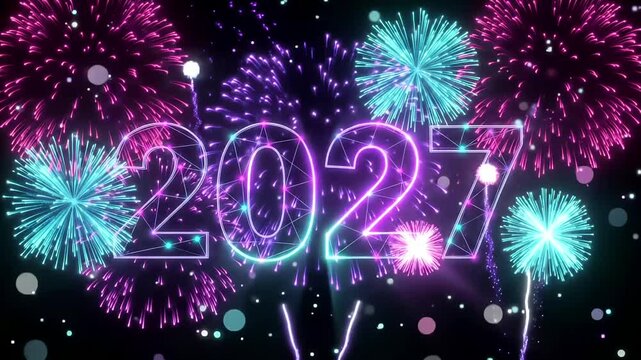 2027 year fireworks celebration neon background animation loop with 3d render
