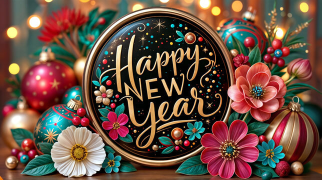 Happy New Year vintage greeting on ornate black round sign with flowers and festive ornaments. New Year holiday celebration and seasonal greeting card. Floral decorative design for annual
