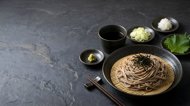 Food Background Freshness and Healthy Lifestyle Concept Zaru Soba Noodle Dish Served on a Dark Stone Surface