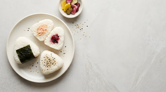Food Background Freshness and Nutrition Concept Onigiri Rice Balls with Pickled Vegetables on Light Beige Stone Surface