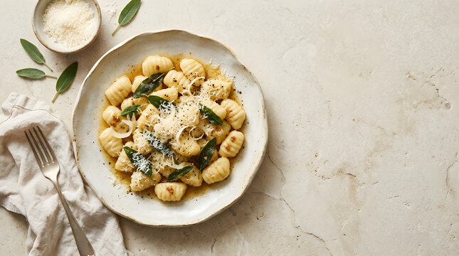 Food Background Freshness Concept Gnocchi Pasta Dish with Sage Leaves and Grated Cheese on a Stone Surface
