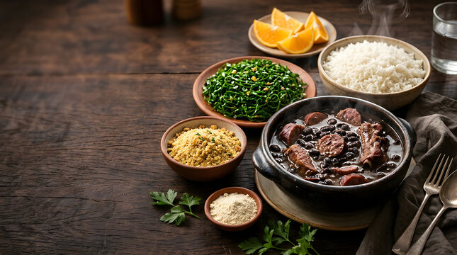 Food Background Nutrition and Freshness Concept Feijoada Meal Served with Rice Farofa Collard Greens on Wooden Table