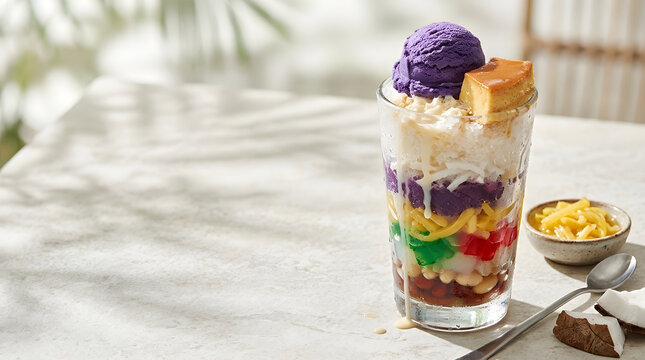 Food Background Freshness Concept Halo Halo Filipino Dessert with Shaved Ice and Tropical Ingredients on Stone Surface