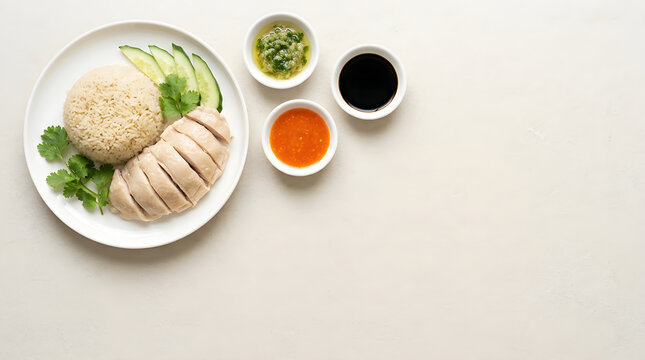 Food Background Freshness Nutrition Concept Hainanese Chicken Rice with Dipping Sauces on a Light Beige Textured Surface