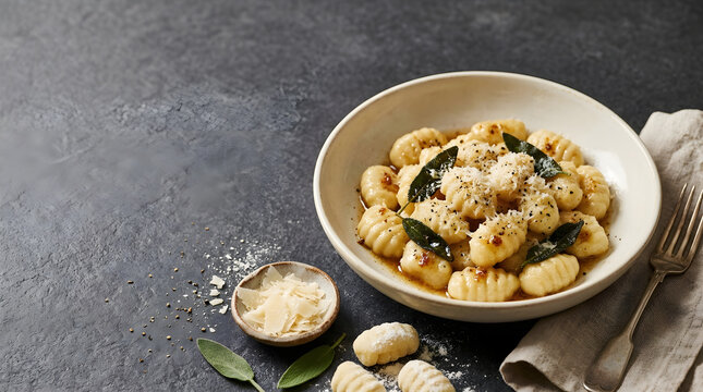 Food Background Freshness Concept Gnocchi Pasta Dish with Parmesan Cheese and Sage Leaves on Dark Stone Surface