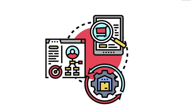 Product catalog data enhancement cycle improving e commerce performance, with icons for online product searching, customer profile management, and warehouse inventory updates