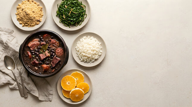 Food Background Freshness and Nutrition Concept Feijoada with White Rice and Collard Greens on Light Beige Textured