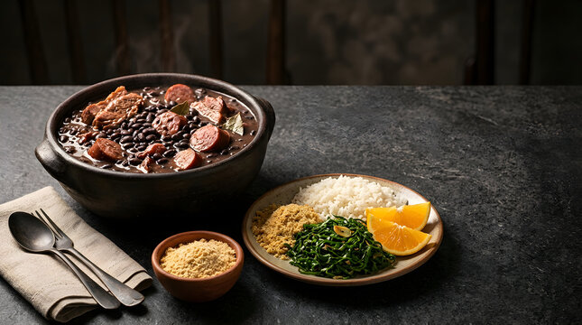 Food Background Nutrition Concept Feijoada with White Rice Farofa Collard Greens and Orange Slices on Dark Tabletop