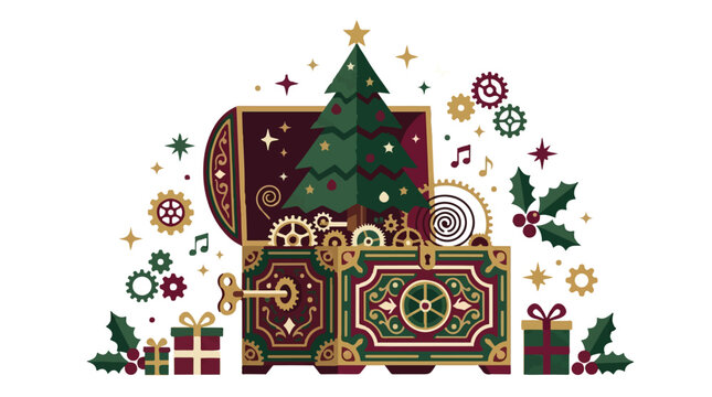 Christmas Steampunk Christmas music box with mechanical tree, ornate holiday treasure chest with gears and wind-up key, festive winter celebration vector jpg