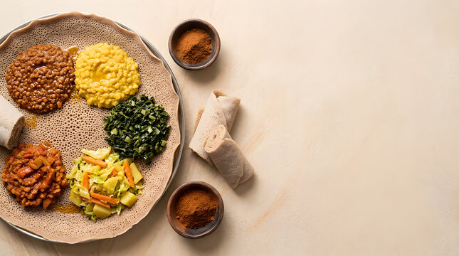 Food Background Tradition Concept Injera Platter with Stews and Spices on a Beige Textured Studio
