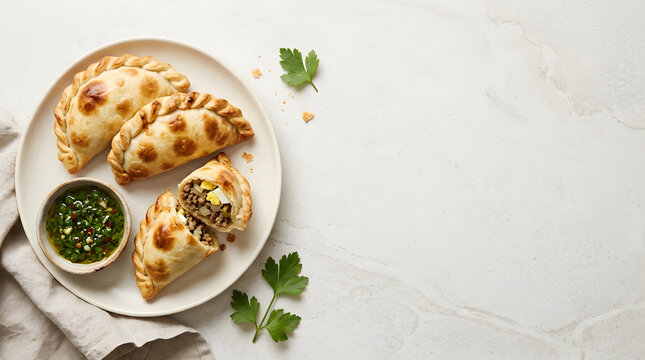 Food Background Freshness Concept Empanadas with Chimichurri Sauce and Parsley Leaves Served on a Rustic Stone Surface