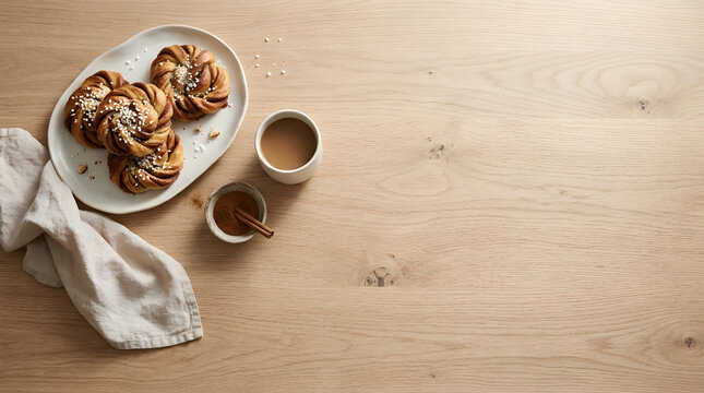 Food Background Freshness Concept Cinnamon Rolls on Ceramic Plate with Coffee Cup and Cinnamon Sticks