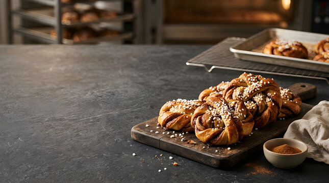Food Background Freshness Bakery Concept Featuring Cinnamon Rolls on a Wooden Board Inside a Cozy Professional Kitchen