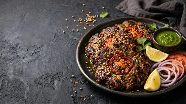 Food Background Freshness and Nutrition Concept Grilled Meat Patties Served with Green Chutney on Dark Textured Surface