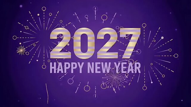 2027 year fireworks celebration purple background animation loop with golden striped numbers 3d render
