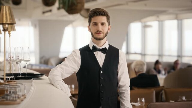 Portrait of Caucasian young adult waiter turning and looking into camera in luxury restaurant. Clip suitable for hospitality staff training, fine dining promotions, or restaurant advertising